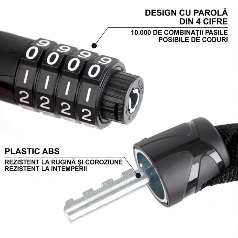 Cablu antifurt 4 cifre bicicleta, scuter, moped, 130 cm, practic si portabil pentru protejarea vehiculelor si echipamentelor impotriva furtului, din metal, cu cheie, calitate superioara, brand NETERRA