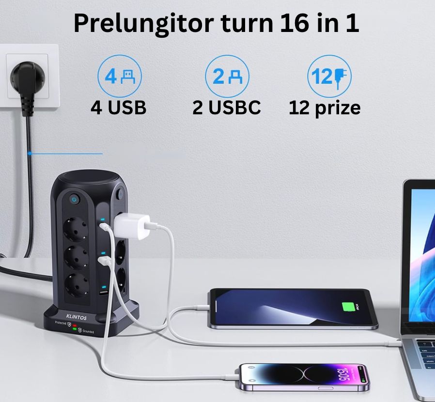 Prelungitor tip turn, 12 prize, 4 USB, 2 USB-C, 4 buton ON/OFF, Protectie impotriva Supratensiunii, 2m, ABS, negru, ideal pentru birouri, 3680W, 230V