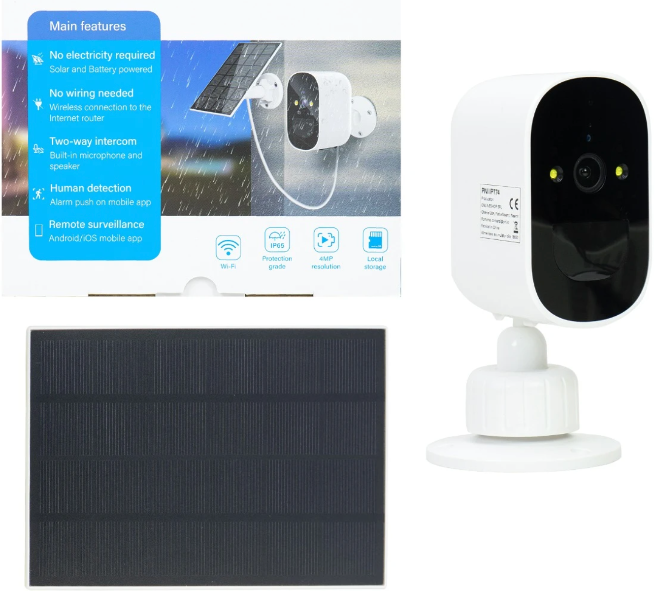 Camera de supraveghere smart, inteligenta, 4MP, panou solar 3W, acumulator 4000mAh, IP65, detectie miscare, microfon, difuzor, vizibilitate nocturna, audio bidirectional, exterior