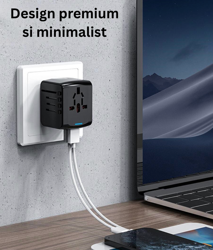Incarcator de calatorie, universal, adaptor multifunctional cu 4 porturi, 1 priza, 2 USB, 1 USBC, international, SUA, UK, Europa, Australia, 150 tari, 100-250V, 2000W, negru