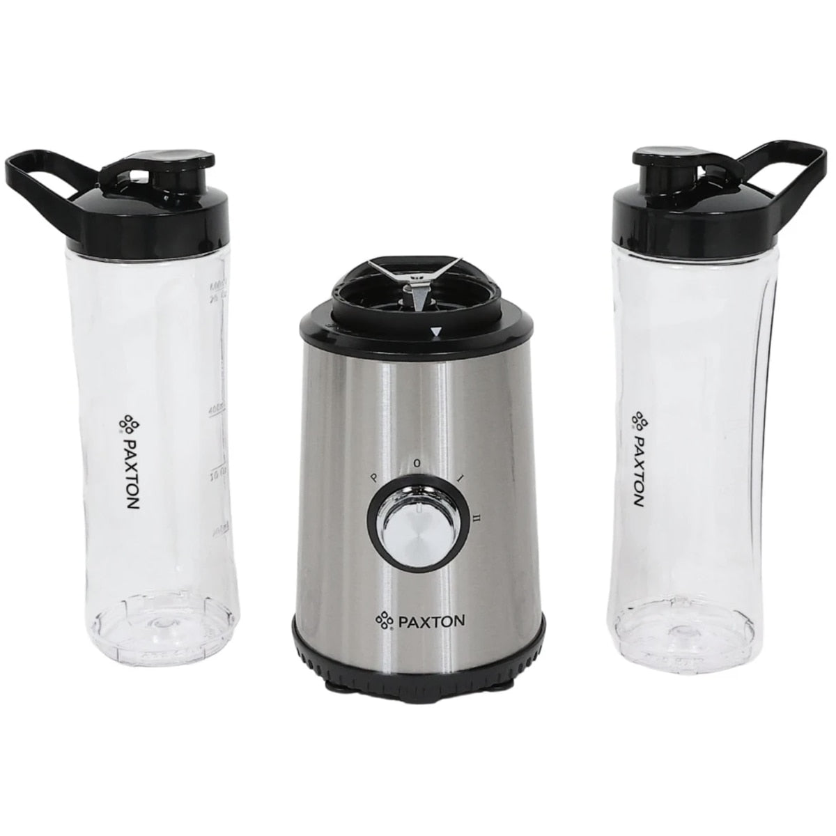 Blender, Paxton, 350 W, 2 trepte de viteza, 0.6 litri, functie Pulse, lama inox, include 2 recipiente sport to go, 2 capace etanse pentru baut argintiu, antialunecare, 1.3 kg, cablu 0.8 m, 230V