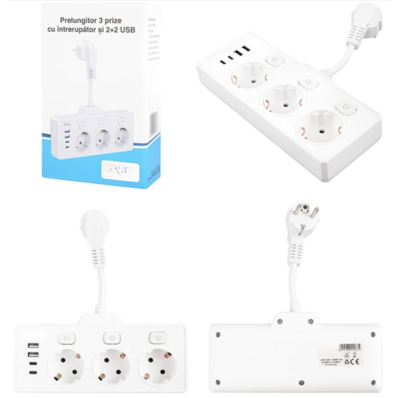 Prelungitor 3 prize, 2 USB, 2 USB-C, 3 x 1.5 mmp, contact de protectie, 3680W, intrerupator individual, alb
