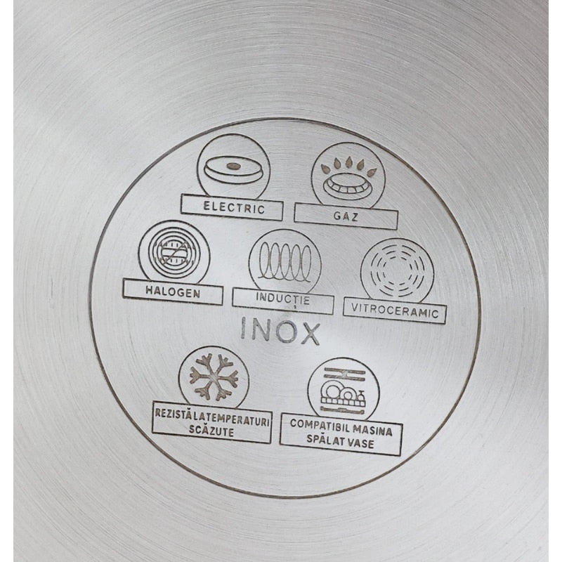 Oala inox, cu capac, baza 5 straturi, 17.5 L, D 32 cm, in interior finisaj satinat, in exterior finisaj lucios cu 3 linii satinate, maner inox, plita electrica, gaz, halogen, inductie, vitroceramica