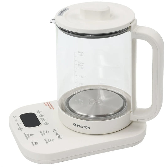 Fierbator apa electric, Paxton, pentru o bautura calda sau o gustare sanatoasa, 800 W, 1.8 l, alb, 8 programe presetate, pornire intarziata, reglaj temperatura, pastreaza setarile anterioare, 1.3kg