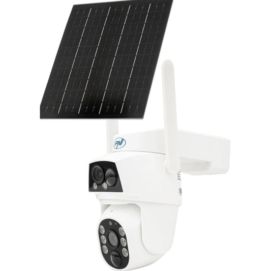 Camera de supraveghere smart, inteligenta PNI, 2MP si 2MP, Full HD, SIM 4G, IP66, panou solar 5.5 W, acumulator 8000 mAh, microfon, difuzor, Pan Tilt, alb, exterior
