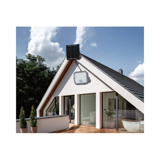 Proiector solar LED Hoff 30 W, senzor de miscare PIR, lumina rece, gri, IP65, 20.000 ore autonomie, 12 ore de functionare continua