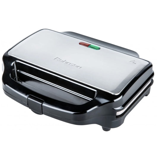 Sandwich maker, Rohnson, 900 W, 2 sandwich-uri, functie blocare, picioare antiderapante, maner izolat termic, carcasa din otel inoxidabil, protectie supraincalzire, argintiu, 1.73 kg, negru, cablu 1m