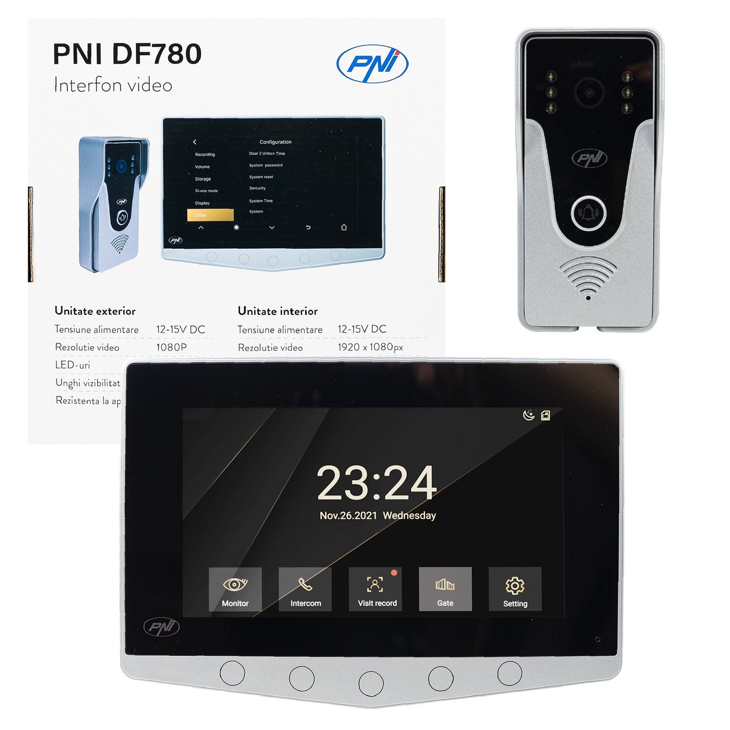 Interfon video PNI DF780 cu 1 monitor, ecran 7 inch 1080p, slot card, IP65, comanda 2 porti, inregistrare miscare eveniment, conexiune maxim 4 monitoare, 2 unitati externe si 2 camere CCTV