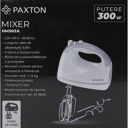 Mixer de mana, Paxton, 300 W, 5 viteze, functie Turbo, carlig framantare, paleta amestecare, buton de ejectare accesorii, alb cu gri, 1.16 kg, 82 db, 7.7 x 18.2 x 15.1 cm, 230V, 0.8 m, plastic metal