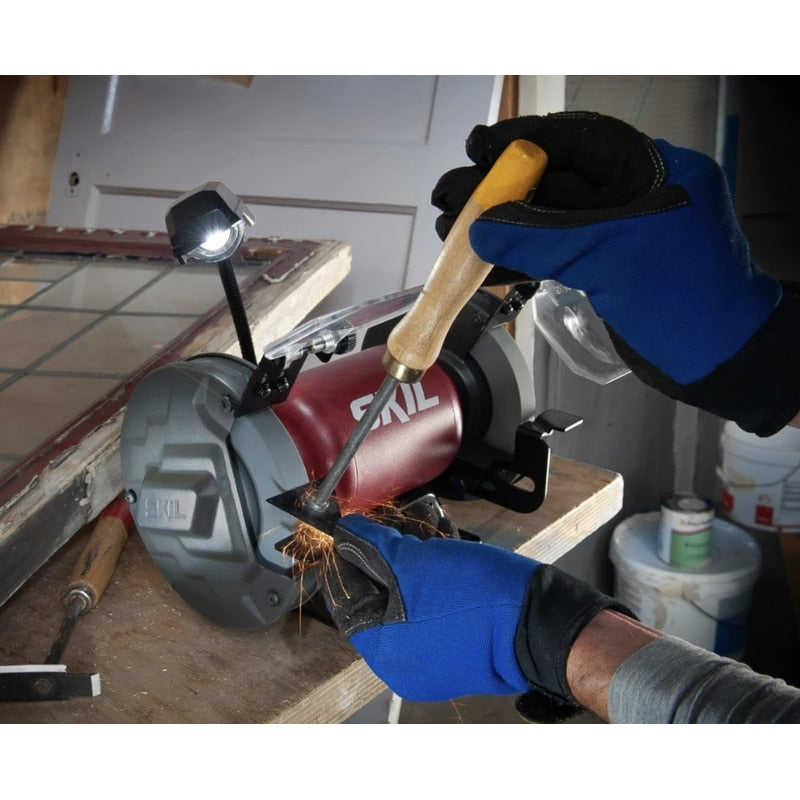 Polizor de banc, Skil, 400 W, 3580 rpm, 230 V, 90.5 dB, 8.6 kg, 3580 rpm, profesional, include 2 discuri slefuit mari de 150 mm, cu picioare de cauciuc, stabila, protectie ochi, comutator ON OFF