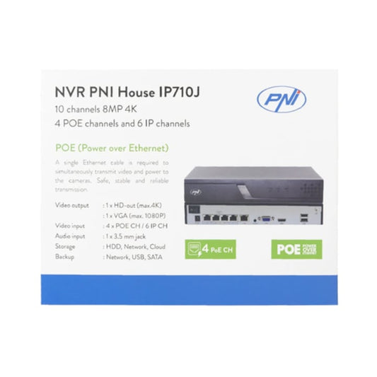 NVR PNI House pentru camere de supraveghere, 10 canale 4K 8MP, 4 canale POE si 6 canale IP, negru