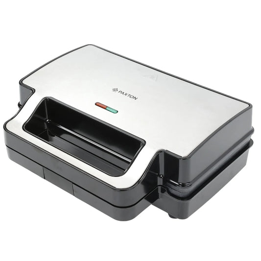 Sandwich maker, Paxton, 1000W, 4 in 1, grill, gofre, sandwich, indicatoare luminoase, carlig de inchidere, depozitare verticala, dimensiune placi de lucru, argintiu negru, antiaderent, 28.5 x 15.3 cm