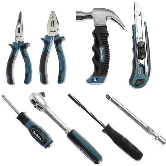 Trusa scule de mana, Makita, 76 piese, material crom vanadiu, cleste combinat, cu varf ascutit, pentru dulgherie, cutter, maner de surubelnita, cheie tubulara, adaptor patrat, articulatie universala