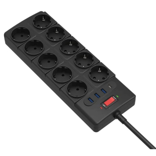 Prelungitor cu protectie, 10 prize schuko, 3 porturi USB, 1 USB-C, cablu 2 m, intrerupator, protectie copii, 3680W, negru