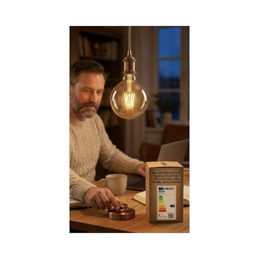 Bec LED filament Hoff glob E27 8 W 950 lm lumina calda 2500 K, auriu, dimabil, Durata medie de viata 25000 ore, Unghi lumina 360°, Temperatura de lucru: –20 °C +50 °C, consum redus de energie