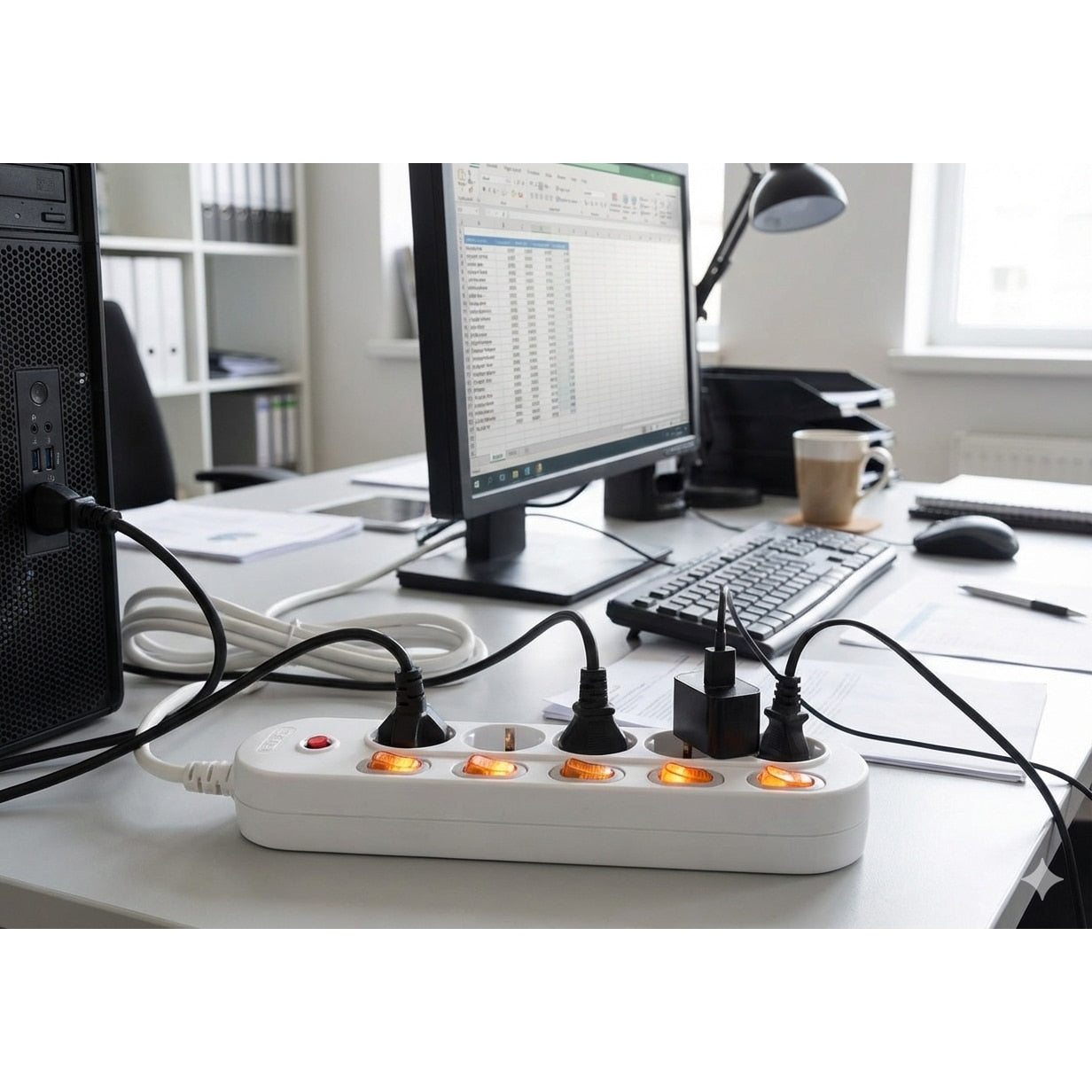 Prelungitor 6 prize, cablu 3 m, 6 intrerupatoare, protectie copii, protectie contact, alb, 16A, IP20, 3500 W, 3 x 1.5 mmp