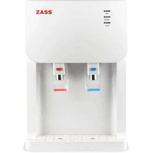 Dozator apa Zass, cu sistem de filtrare si racordare la reteaua de apa, putere incalzire 500 W, putere racire 60 W, indicatoare LED pentru apa calda si rece, termostat automat, alb