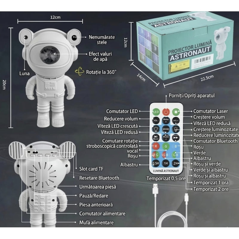 Proiectorul tip astronaut cu efect galaxie si stele, cadou pentru copii, Bluetooth, muzica, ideal pentru dormitor, atmosfera ambientala, reglabil 360, telecomanda, alimentare USB