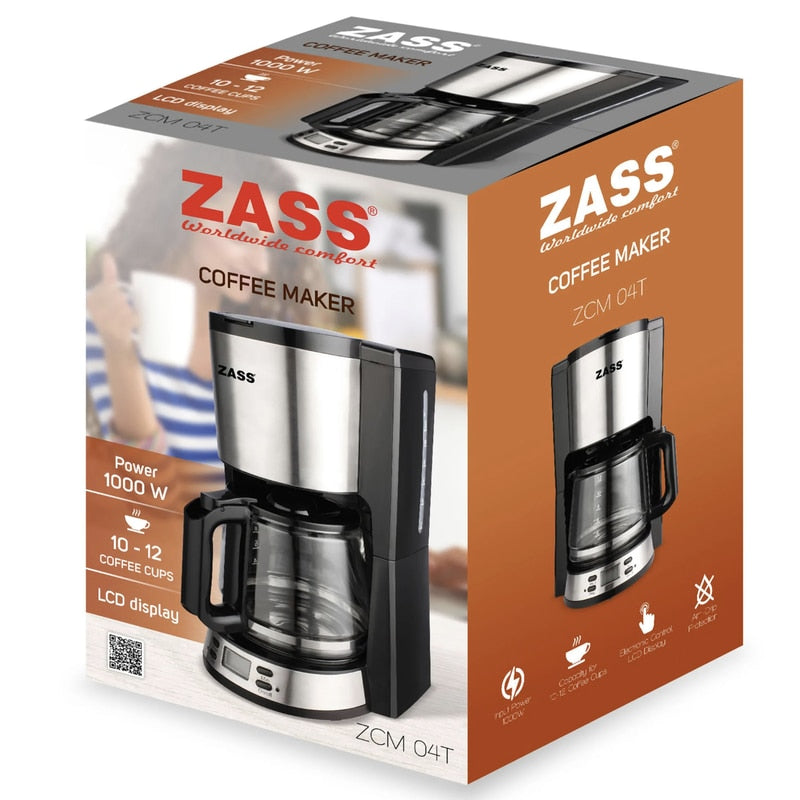 Cafetiera Zass, 1000 W, 1500 ml, capacitate 12 cesti, functie antipicurare, functie de mentinere la cald, oprire automata, programare intarziata, negru + argintiu, cablu 0.8 m, 2.57 kg, 230 V