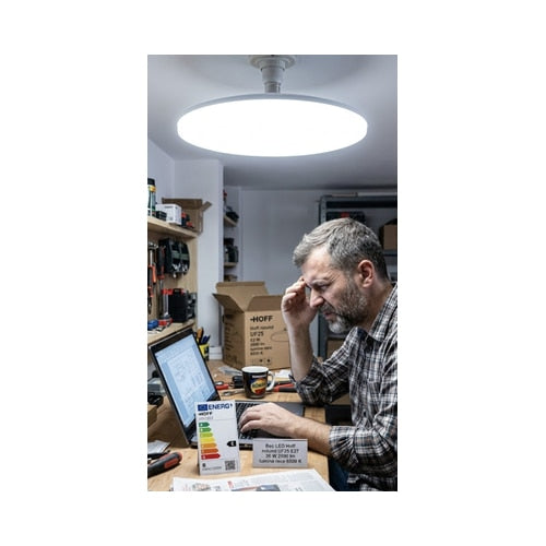Bec LED Hoff rotund, E27, 18 W, 1600 lm, lumina rece, 6500 K, 230 V, durata medie de viata 25000 ore, unghi de 120°, pentru iluminarea spatiilor largi, temperatura –20 °C +50 °C
