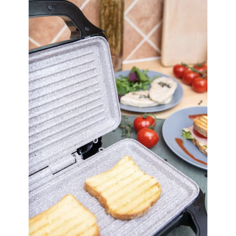 Sandwich maker, Rohnson, 900 W, 2 sandwich-uri, functie blocare, picioare antiderapante, maner izolat termic, carcasa din otel inoxidabil, protectie supraincalzire, argintiu, 1.73 kg, negru, cablu 1m