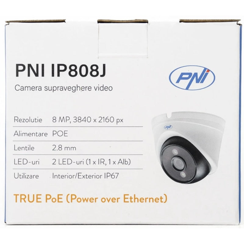 Camera de supraveghere PNI, 8MP, Ultra HD, 4K, alb, IP67, interior si exterior, 240 g, Vedere nocturna de 30 m, Ethernet RJ45 10 100 Mbps, consum 4W, LED