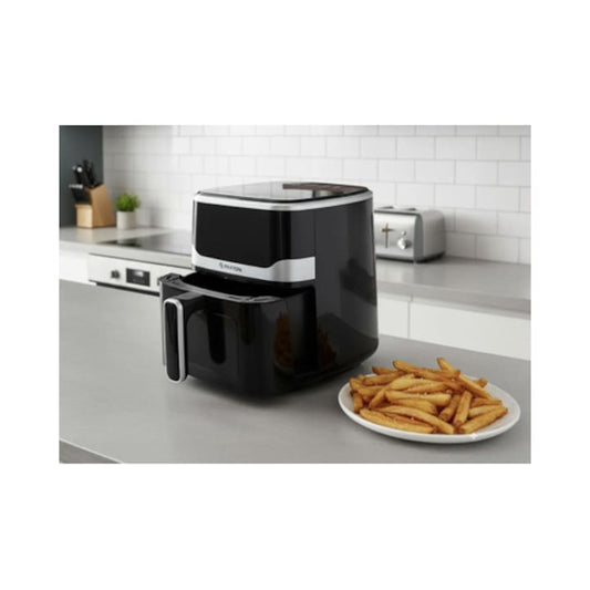 Friteuza cu aer cald, airfryer, Paxton, 1400 W, 5 litri, lumina interioara, timer, afisaj digital tactil, termostat reglabil, interval temperatura 80 la 200 grade, 7 programe, negru