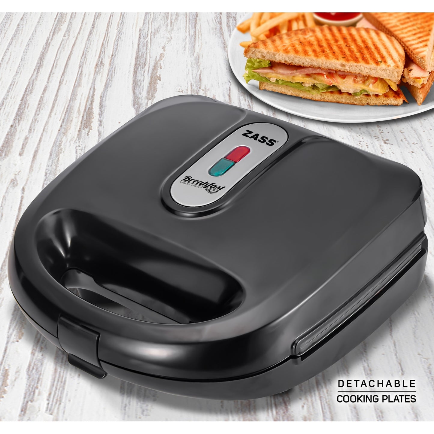 Sandwich-Maker Zass, putere 750W, placi grill teflonate detasabile, indicator LED, picioruse antialnuecare, culoare Negru