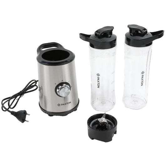 Blender, Paxton, 350 W, 2 trepte de viteza, 0.6 litri, functie Pulse, lama inox, include 2 recipiente sport to go, 2 capace etanse pentru baut argintiu, antialunecare, 1.3 kg, cablu 0.8 m, 230V