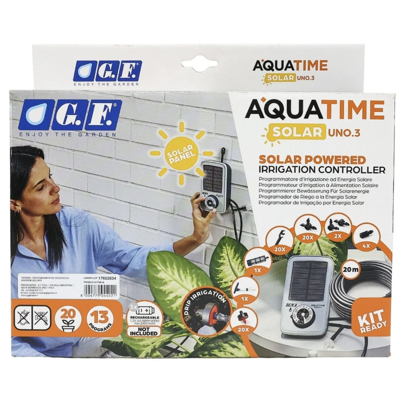 Kit pentru irigatii prin picurare GF Aquatime, cu programator solar, furtun + accesorii, plastic, furtun 4 x 6 mm, 20 picuratoare, 2 l/h, rola 20 m, set, irigarea eficienta, ecologica a 20 ghivece