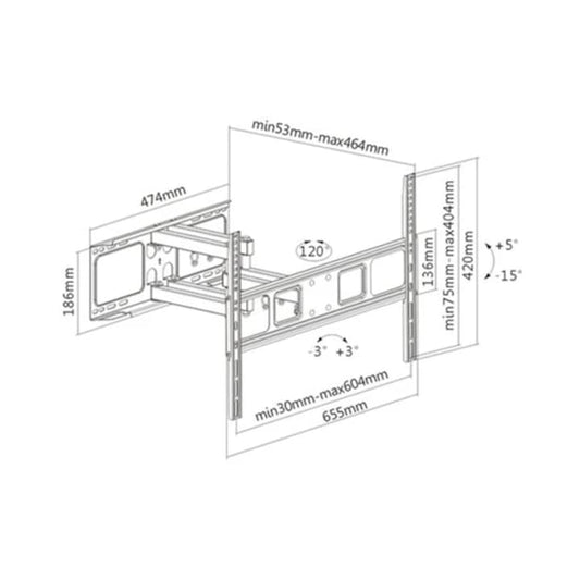 Suport TV LCD, LED, montaj pe perete, Paxton, reglabil, de la 94 la 178 cm, sustine 40 kg, negru, Rotatie orizontala ±60°, verticala +5° -15°, 200 × 200, 300 × 300, 400 × 200, 400 × 400, 600 × 400 mm