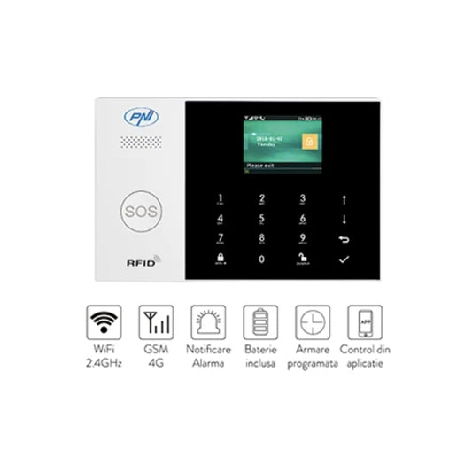 Sistem alarma wireless PNI, control Tuya, actiune 100 metri, detectie de miscare, de la -26 la +60 grade, 230V, alb si negru, IP20