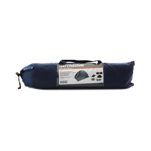 Cort camping 2 persoane, poliester, 200 x 140 x 100 cm, iesiri in weekend, albastru si alb, 1.3 kg