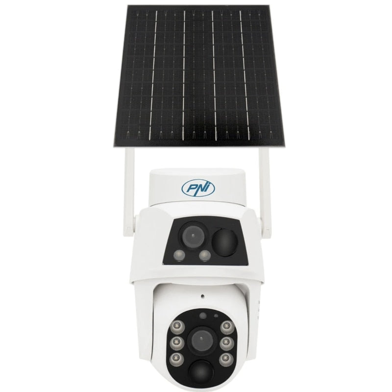 Camera de supraveghere smart, inteligenta PNI, 2MP si 2MP, Full HD, SIM 4G, IP66, panou solar 5.5 W, acumulator 8000 mAh, microfon, difuzor, Pan Tilt, alb, exterior