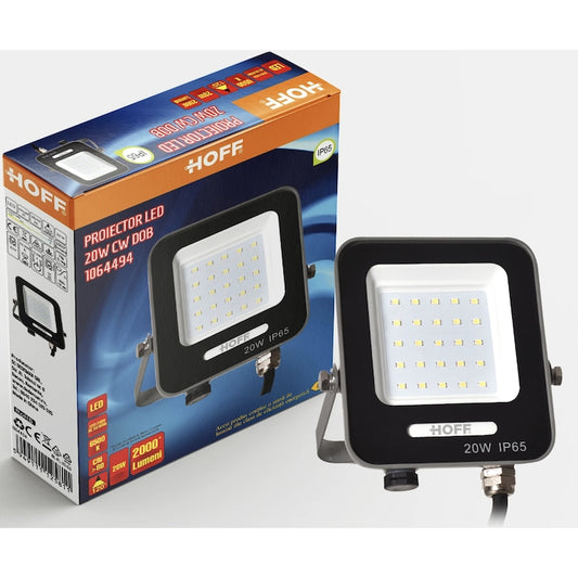 Proiector LED Hoff, 20 W, 2000 lm, lumina rece, protectie la umiditate si praf IP65, exterior si interior, 6500K
