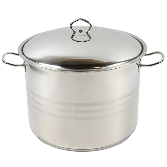 Oala inox, cu capac, baza 5 straturi, 17.5 L, D 32 cm, in interior finisaj satinat, in exterior finisaj lucios cu 3 linii satinate, maner inox, plita electrica, gaz, halogen, inductie, vitroceramica