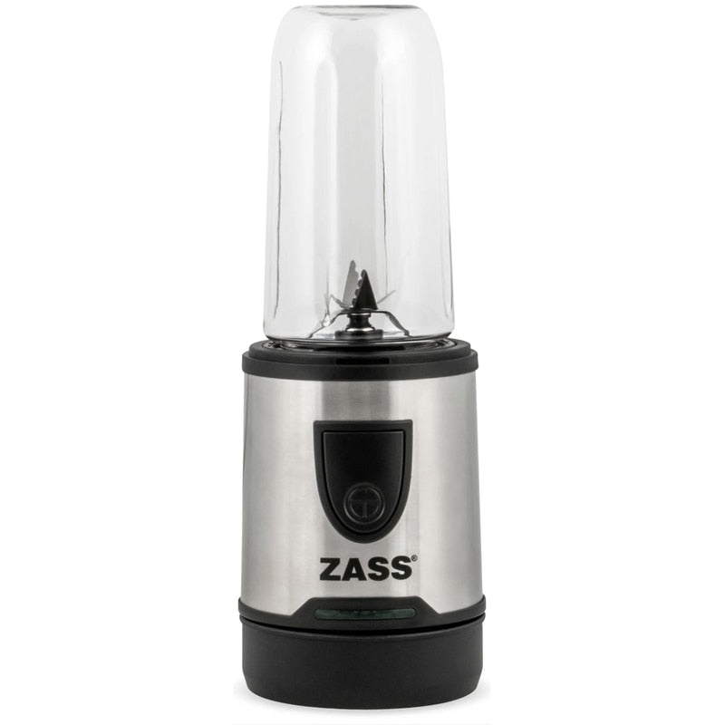 Tocator electric Zass, 200 W, 1 treapta de viteza, 1.2 l, bol din sticla, cutit 2 lame otel inoxidabil, sistem siguranta prin blocare, argintiu, recipient plastic 400 ml si capac, recipient macinat