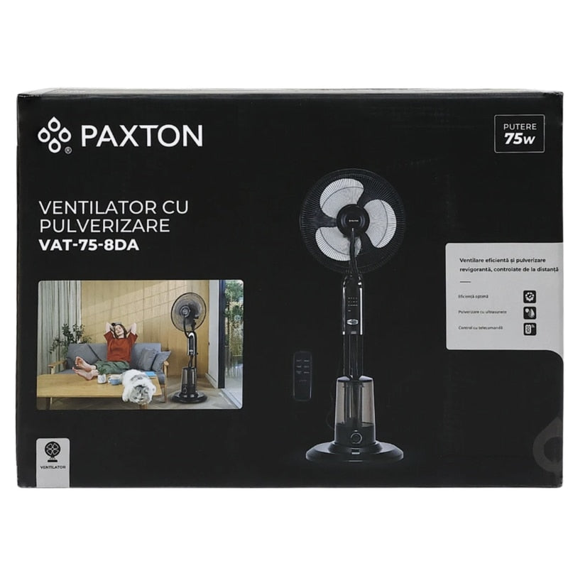 Ventilator cu umidificator Paxton, 75 W, 3 viteze, diametru 43 cm, rezervor apa 3.2 litri, oscilatie, timer, ultrasunete, negru, telecomanda, cu pulverizare apa, 125 cm inaltime, 1.65 m cablu, 7 kg