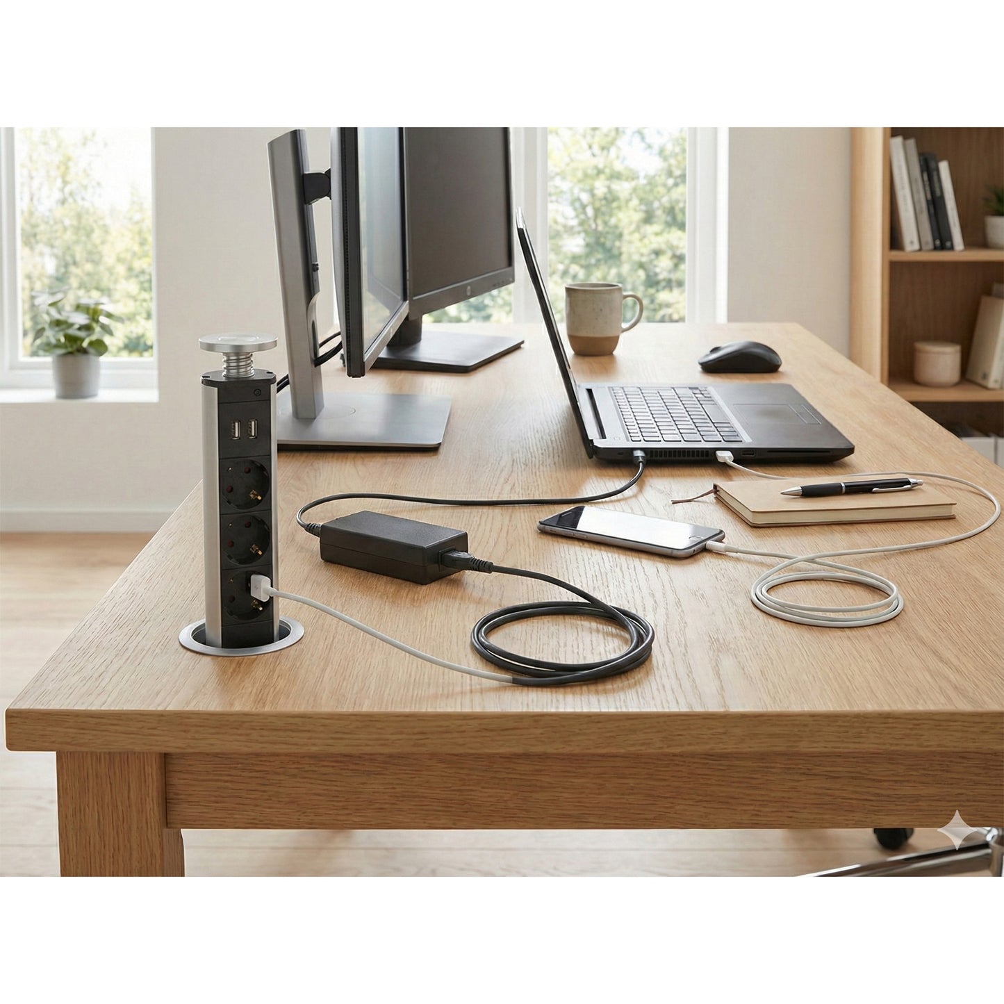 Prelungitor pop-up blat Hoff 3 prize + 2 USB 2.1 A, incastrat, cablu 1.7m, interior birou, casa bucatarie