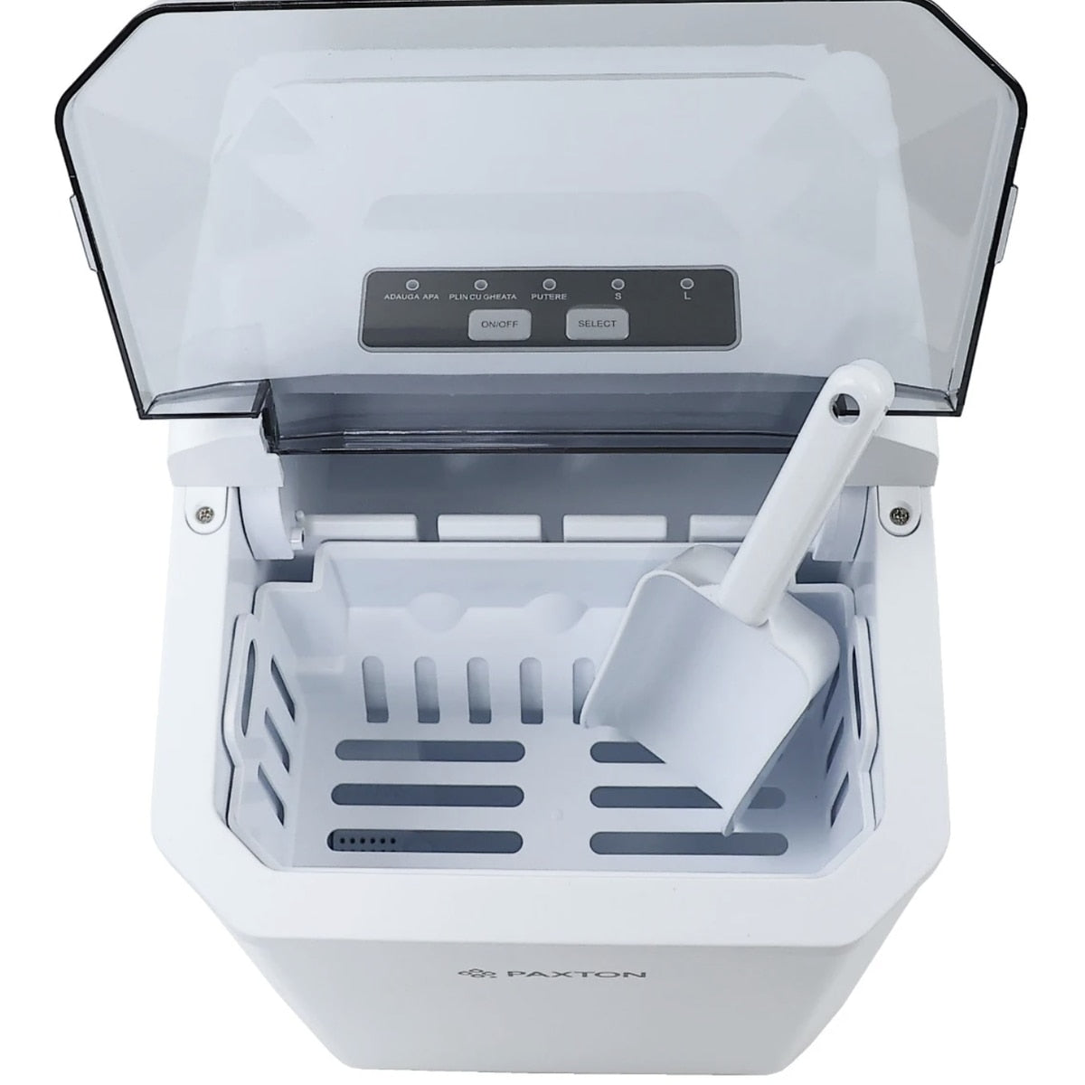 Aparat de facut gheata, Paxton, 100 W, capacitate 1.3 l, capacitate productie cuburi 10.5 kg/24 h, 9 cuburi in 6 min, selectare dimensiune cuburi, indicator lipsa apa, functie de autocuratare, alb