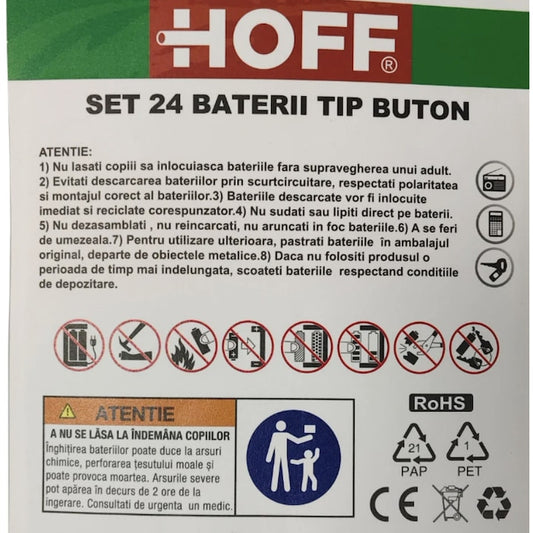 Set 24 baterii tip pastila Hoff, alcaline si lithium, diverse tipuri, ambalare blister