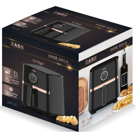Friteuza cu aer cald, airfryer, Zass, 1450W, 5 litri, 8 programe, oprire automata, digital, vas antiaderent, termostat reglabil, maner termoizolant, negru si auriu, 3.8kg, cablu 0.6m, 27 x 31 x 33 cm