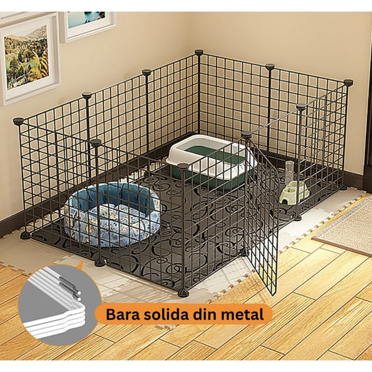 Tarc modular pentru animale mici si medii: iepuri, hamsteri, porcusori, pui, pisici, caini, 12 panouri 35 x 35 cm, constructie personalizata, interior, exterior, montaj rapid, metal, negru, NETERRA