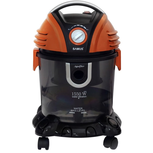 Aspirator Samus cu filtrare prin apa, fara sac, 15 litri, 1550 W, absorbtie puternica 234 W, filtru HEPA, aspirare umeda si uscata, functie suflare aer, furtun rotatie 360, negru cu portocaliu, 230V, 6.5 kg