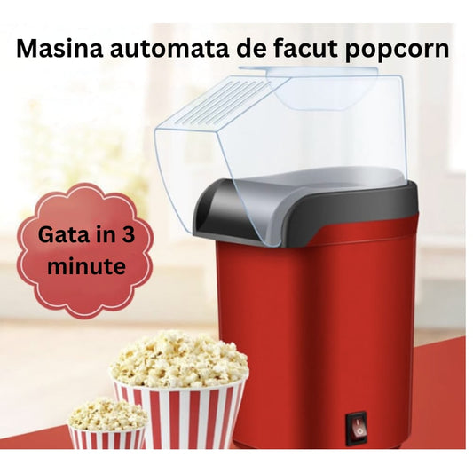 Aparat cu Aer Cald de facut Popcorn NETERRA, Gata in max. 3 min, prepararea rapida si sanatoasa, 1200W, Recipient dozator Boabe detasabil, cupa pus boabe, fara ulei, portabil, usor de depozitat, Rosu