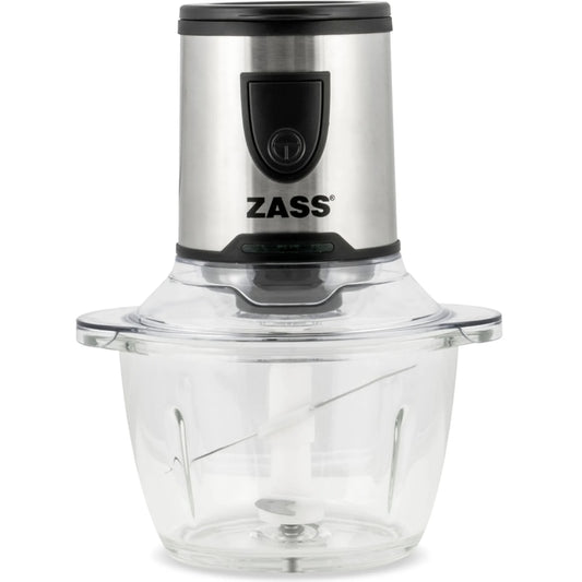 Tocator electric Zass, 200 W, 1 treapta de viteza, 1.2 l, bol din sticla, cutit 2 lame otel inoxidabil, sistem siguranta prin blocare, argintiu, recipient plastic 400 ml si capac, recipient macinat
