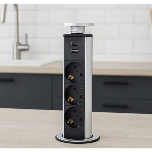 Prelungitor pop-up blat Hoff 3 prize + 2 USB 2.1 A, incastrat, cablu 1.7m, interior birou, casa bucatarie