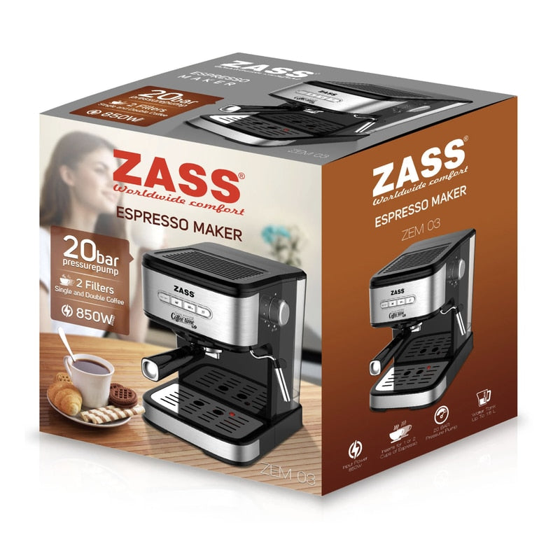 Espressor cafea Zass, cafea macinata, 20 bar, 850 W, capacitate 1.5 litri, panou de control cu 4 butoane iluminate, buton rotativ pentru controlul gradului de spumare, argintiu + negru, 76 dB