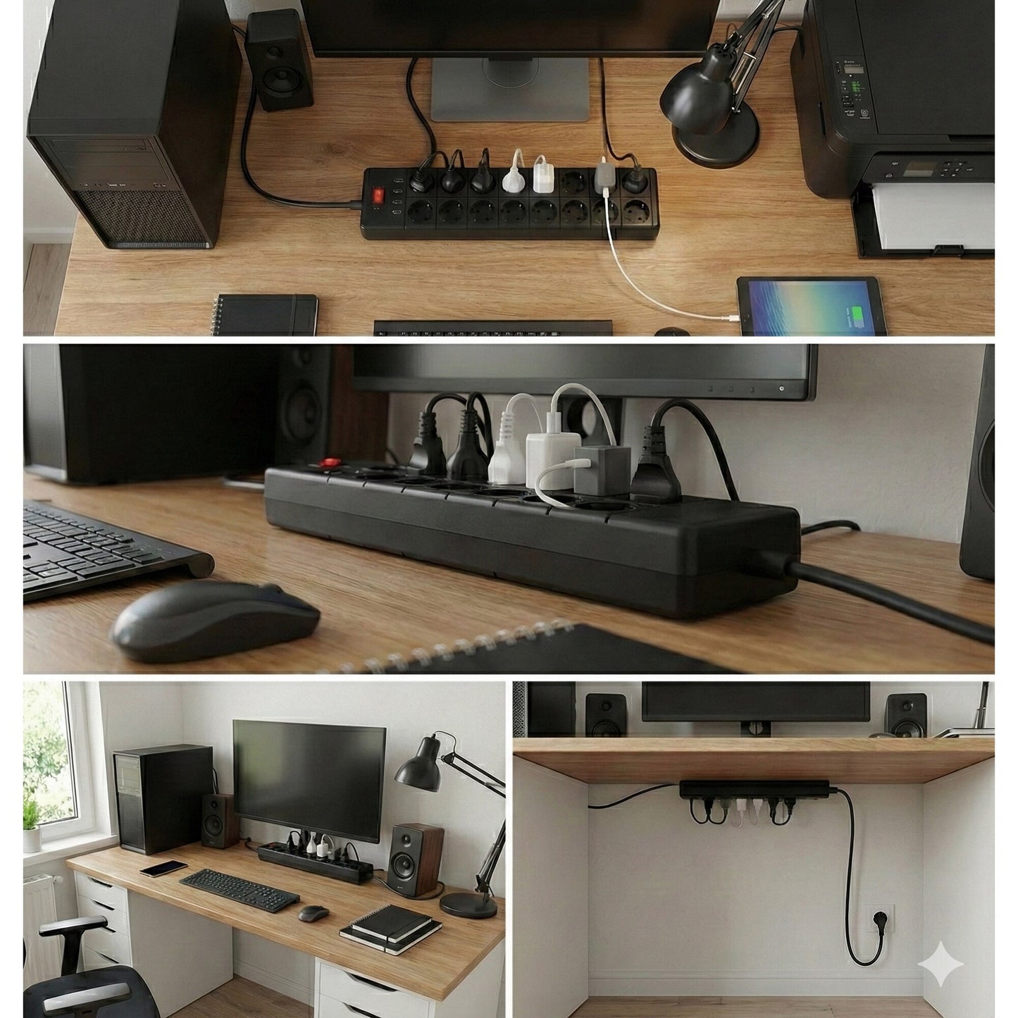 Prelungitor cu protectie, 10 prize schuko, 3 porturi USB, 1 USB-C, cablu 2 m, intrerupator, protectie copii, 3680W, negru