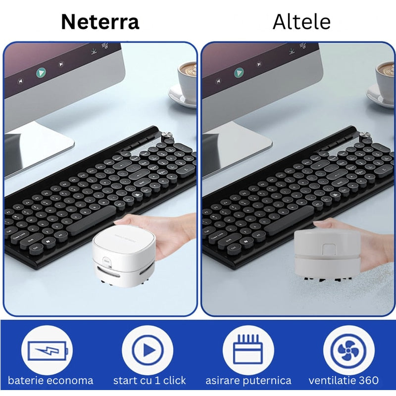 Mini aspirator portabil pentri birou NETERRA, dispozitiv compact si practic, curatarea rapida a firimiturilor, prafului si murdariei fine, pe tastatura, masa sau alte suprafete mici, fara fir
